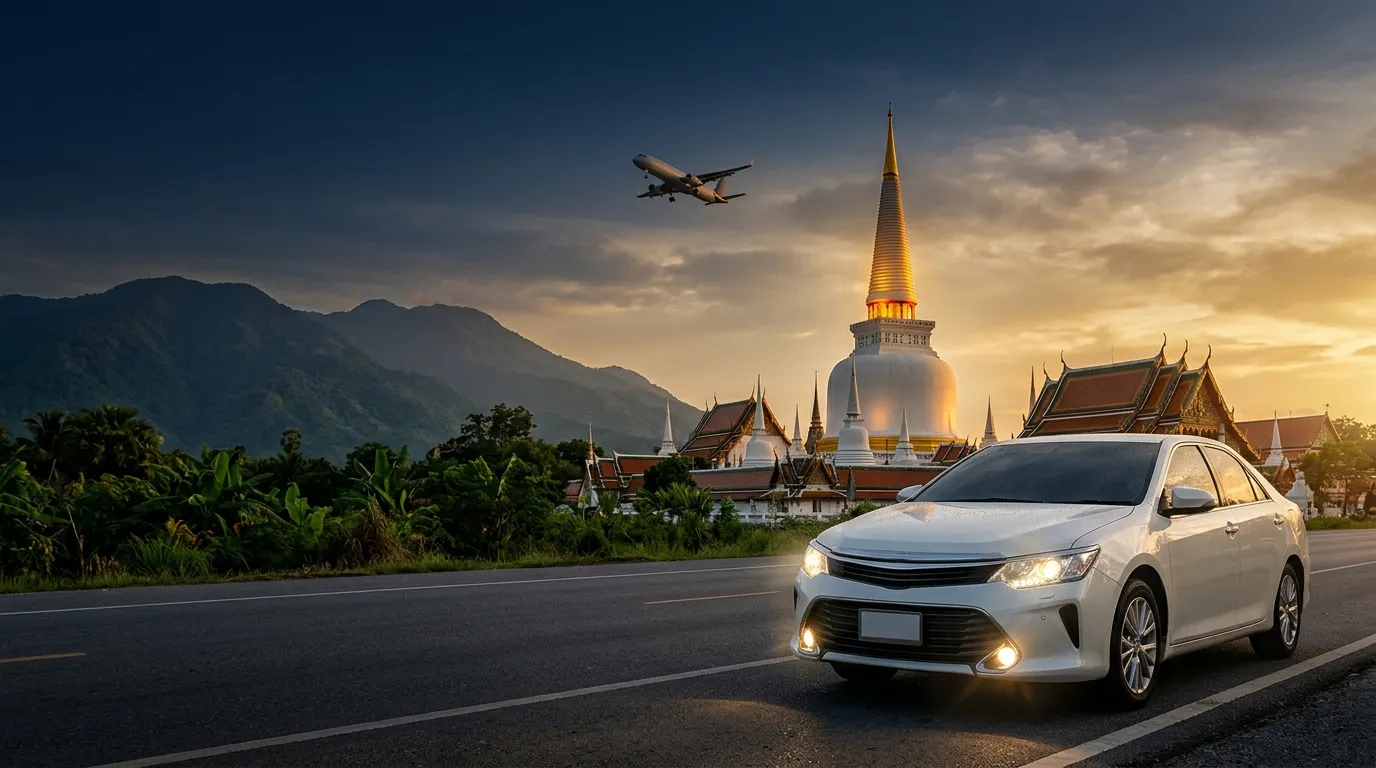 รถรับส่งหน้าวัดพระมหาธาตุ นครศรีธรรมราช พร้อมเครื่องบินขึ้นจากสนามบิน